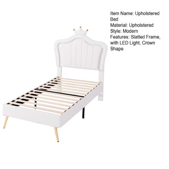 Bed Children Upholstered 90 x 200cm Frame for Girls White Crown Double Made of Faux Leather with LED Lights Slatted And Backrest (Mattress