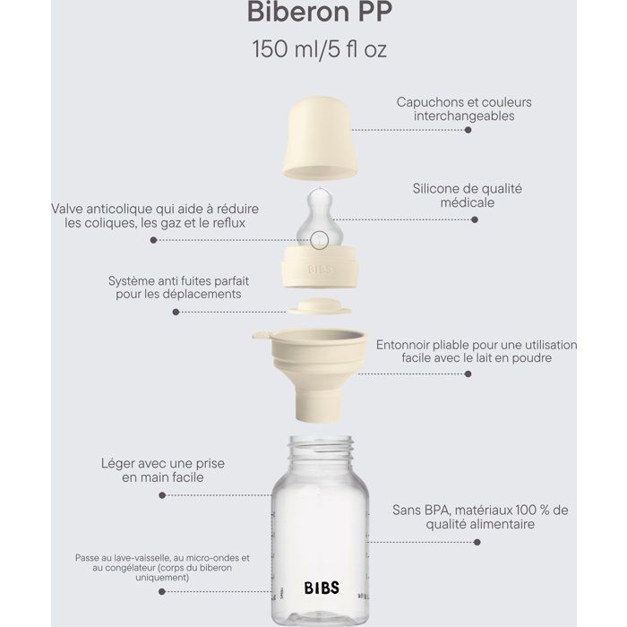 Biberon bébé - BIBS - Embout rond - Silicone - 150 ml - Débit lent - Ivory - Pack de 4