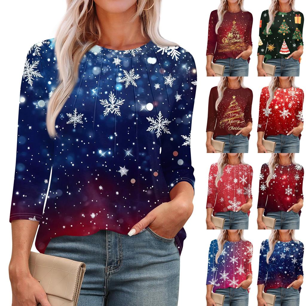 Женская модная футболка с круглым вырезом и рукавом 3/4 с рождественскими принтами, повседневная базовая плиссированная футболка-пуловер