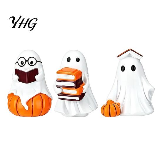 Cute Ceramic Ghost Statue Halloween Figurine, Resin Spooky Statue, Funny Creepy Small Statues for Shelf Tabletop Ornament Home Party