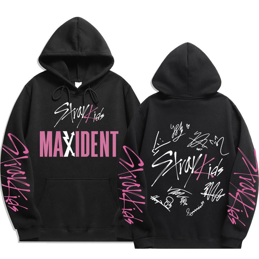 Худи Stray Kids MAXIDENT с автографами, принты-надписи Stray Kids спереди и сзади, Stray Kids со всеми 8 участниками, Оверсайз пуловер для фанатов K-Pop