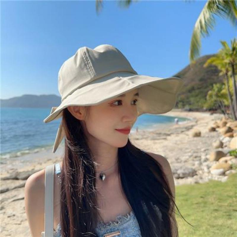 New bucket hat women's spring summer can tie ponytail portable versatile sunshade sunscreen face cover thin sun hat