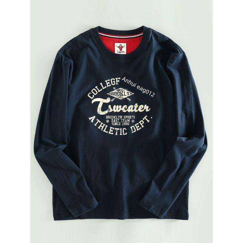 Men's Long-Sleeve T-Shirt with Round Neck, Pullover Style, Printed, Stretchy, Suitable for Spring and Autumn, Export Surplus