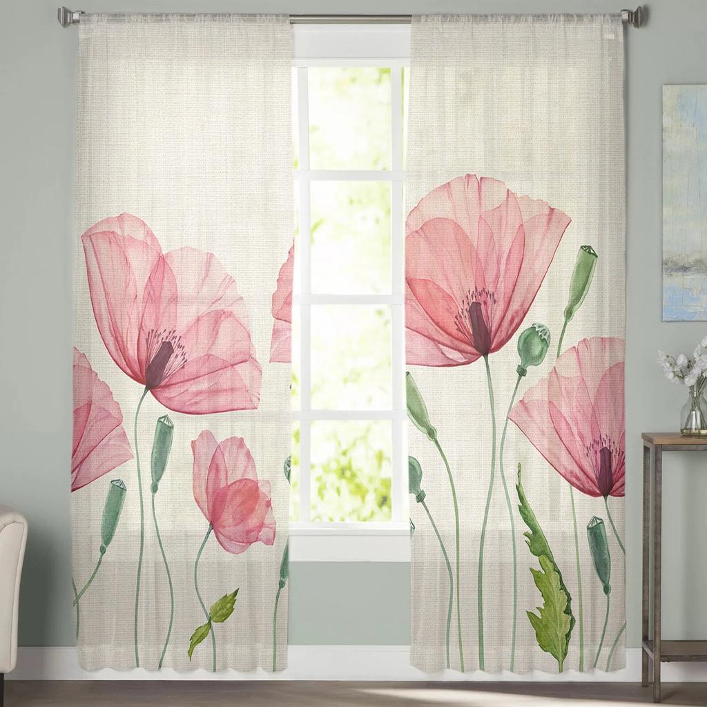 Тюлевые занавески на окно с цветком мака и растением для гостиной, спальни, отеля, роскошное украшение, прозрачное