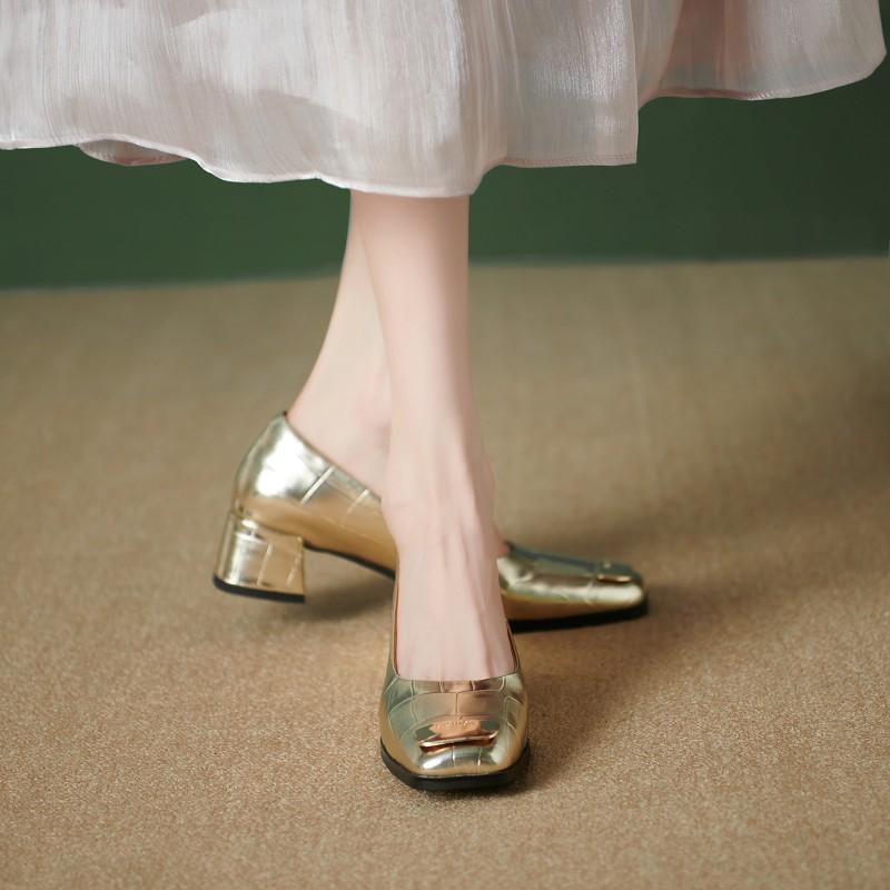 BCEBYL Summer Square Toe Thick Heel Shallow Mouth Metal Decoration Fashion Ladies Shoes NEW Elegant Banquet Party High Heels