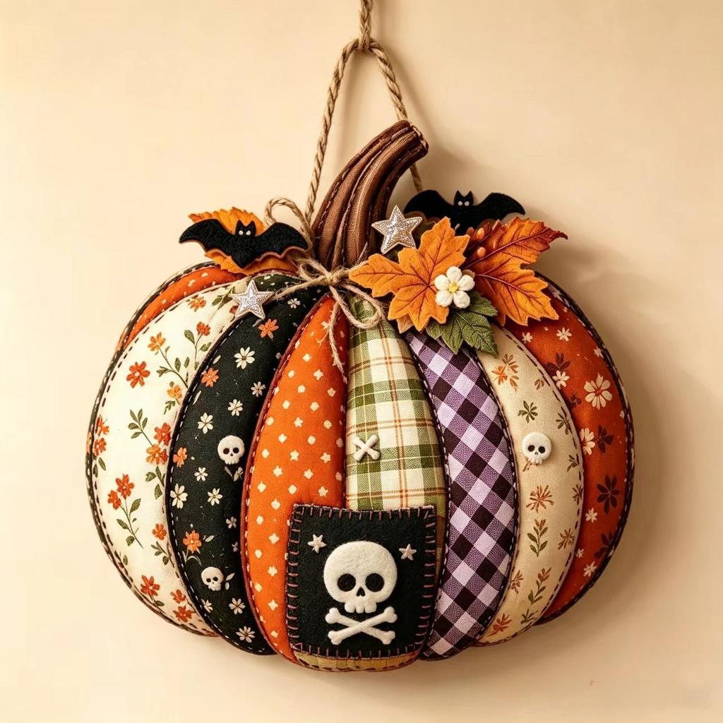 Halloween Autumn Pumpkin Wooden Hanging Ornament Vintage Plaid Floral Patchwork Wood Sign Rustic Farmhouse Halloween Craft Decor