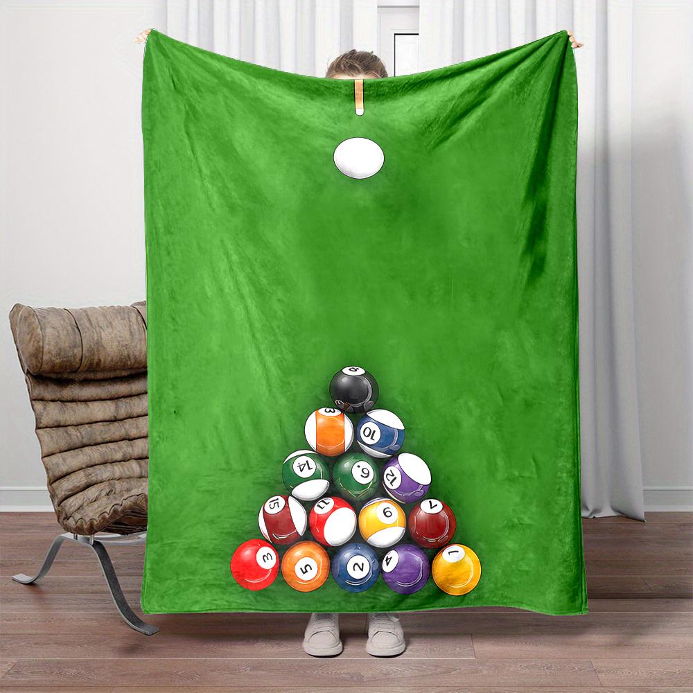 Cozy Throw Blanket Pool Billiards Rack Green Felt Table Cue Stick White Cue Ball Triangle Numbered Colored Balls Top Down Game Art Gift