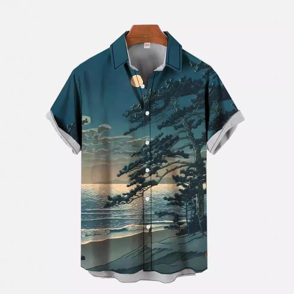 Men's Shirt Chinese Landscape Bamboo 1D Printing Short Sleeve Ethnic Style Single Breasted Source Factory