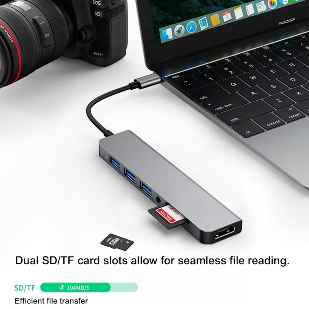 7-in-1 Type-C Hub 4K 30Hz HDMI-Compatible Multiport Dock with USB 3.0/2.0 SD/TF Card Reader 3.5mm Audio Jack for MacBook Laptop