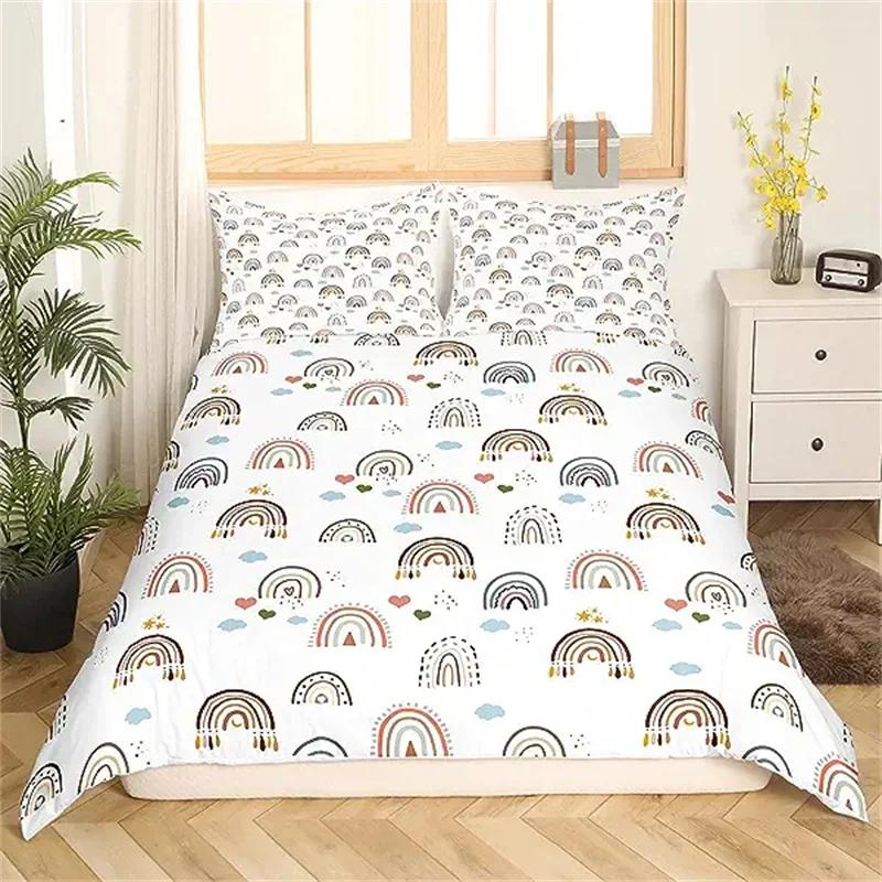 Rainbow Twin Duvet Cover Set For Girl Pink And Yellow Rainbow Star Duvet Cover Cartoon Rainbow For Bedroom Decoration Women Kid
