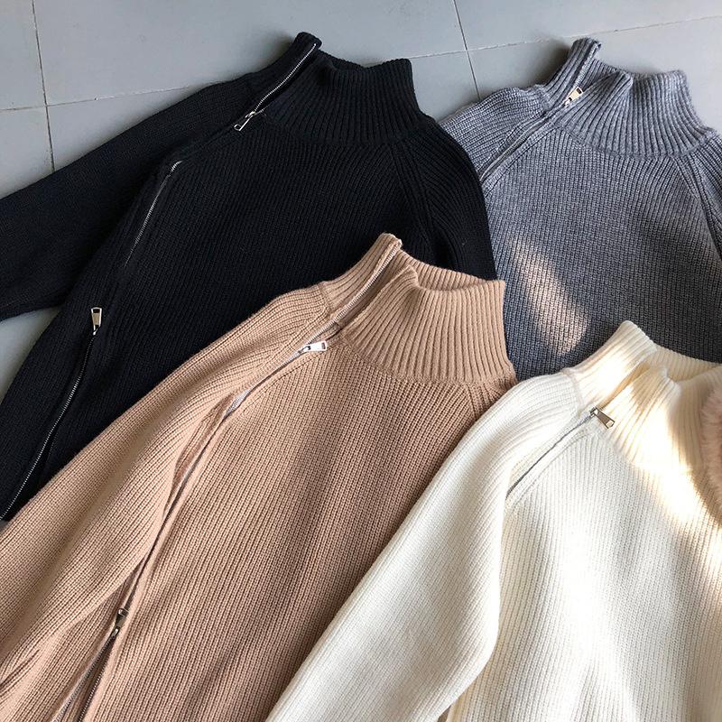 Женская водолазка на молнии, большой свитер, серый, белый, черный, осенне-зимний джемпер с высоким воротом
