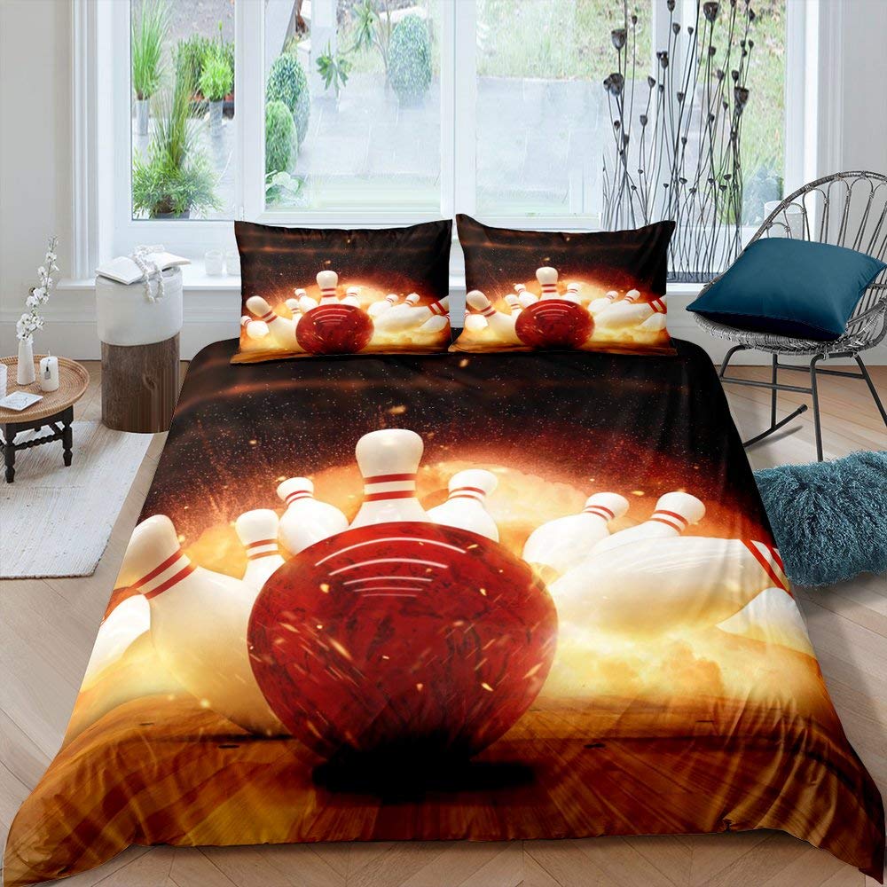 Постельный набор для боулинга 3 предмета Удар страйк в боулинге с рисунком огненного взрыва Пододеяльник на спортивную тематику из микрофибры