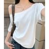 Белая футболка с короткими рукавами и косыми плечами для женщин, летняя новая свободная облегающая рубашка, топ на одно плечо