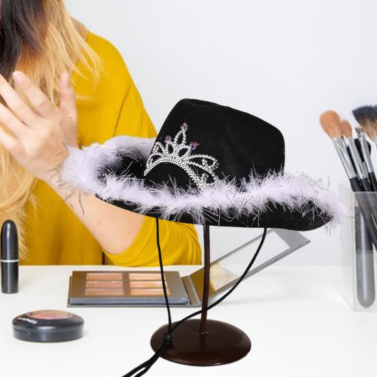 Cowgirl Hat Rhinestone Crown Decor Furry Ripped Edge Windproof Chin Rope Large Brim Sun