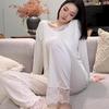 Женский костюм для сна из модала, весна-осень, новый, с длинным рукавом, брюки, асимметричные плечи, сексуальное кружевное домашнее платье-костюм с чашечками