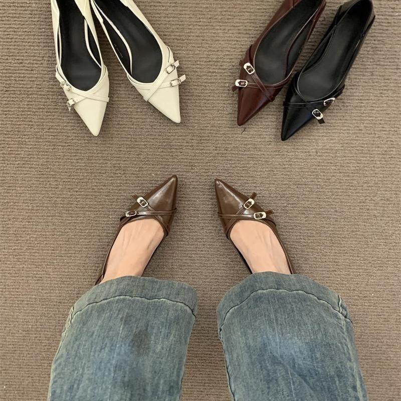 Belt Buckle Small Heel High Heels 2025 Spring and Summer New Pointed Light Mouth Thick Heel Comfortable Low Heel Soft Leather Shoes