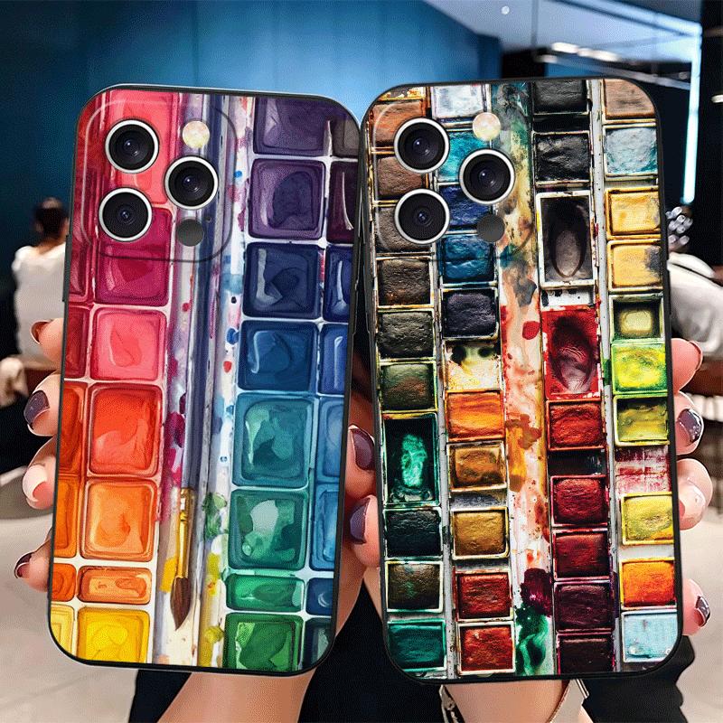 Набор акварели Палитра красок Мягкий чехол для телефона для iPhone 16 16E 17 Air 15 Pro Max 14 Plus 13 Mini 11 12 7 Черная задняя крышка