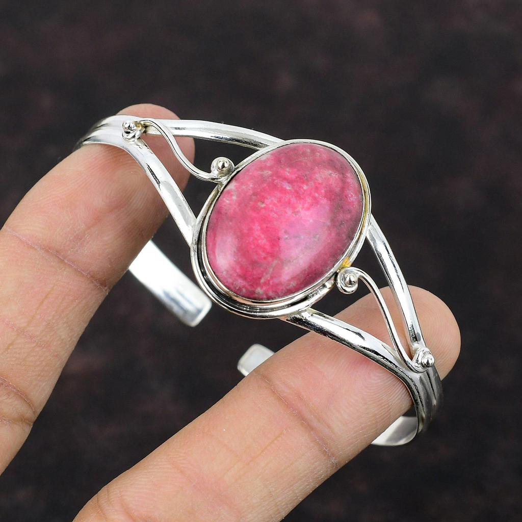 Браслет Thulite Браслет-манжета ручной работы из натурального драгоценного камня Стерлинговое серебро 925 пробы Регулируемый браслет-манжета Античный браслет для подарка Ювелирные изделия Thulite