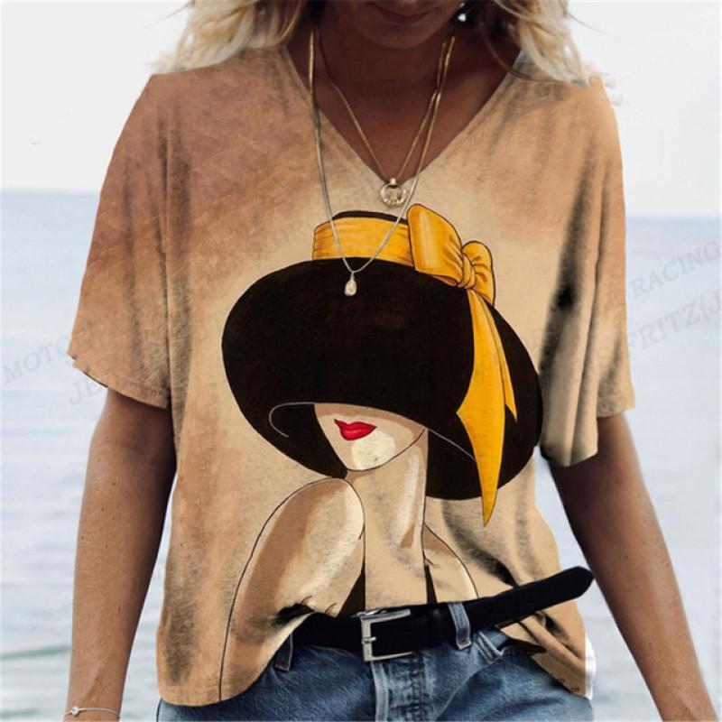 Harajuka абстрактные крутые футболки с принтом в стиле ретро, ​​женские универсальный пуловер с коротким рукавом, летние дизайнерские повседневные женские футболки с v-образным вырезом