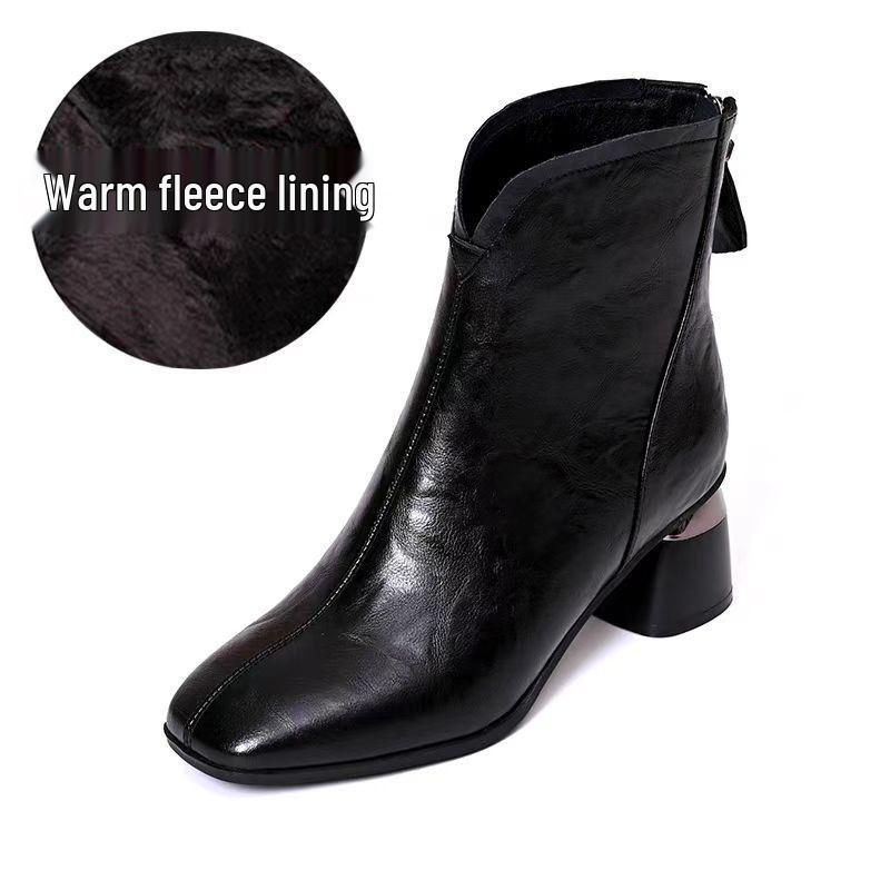 2025 British-Style Women's Chunky Heel Soft Leather Ankle Boots - Comfortable, Warm, Square Toe for Autumn/Winter