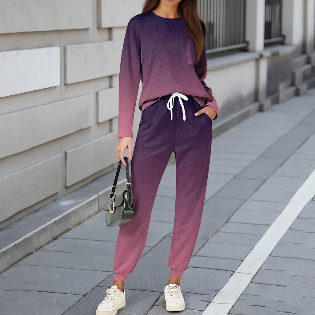 Комплекты для женщин из 2 предметов: футболки с круглым вырезом и длинным рукавом, принтованные спортивные брюки с карманами