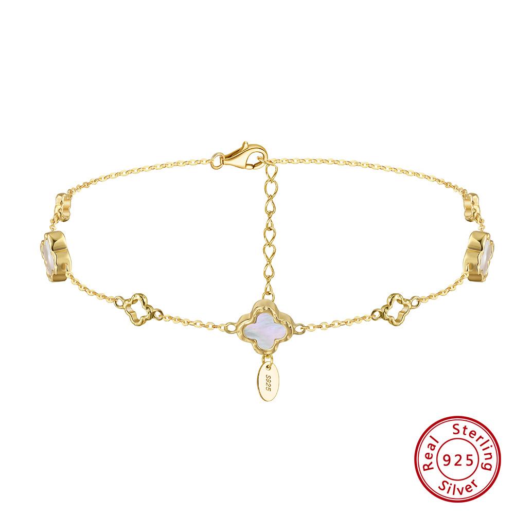 ORSA JEWELS 8mm Shell Anklet 925 Sterling Silver Four Leaf Clover Design Nature Style Symbol of Luck Summer Gift for Her GMA04