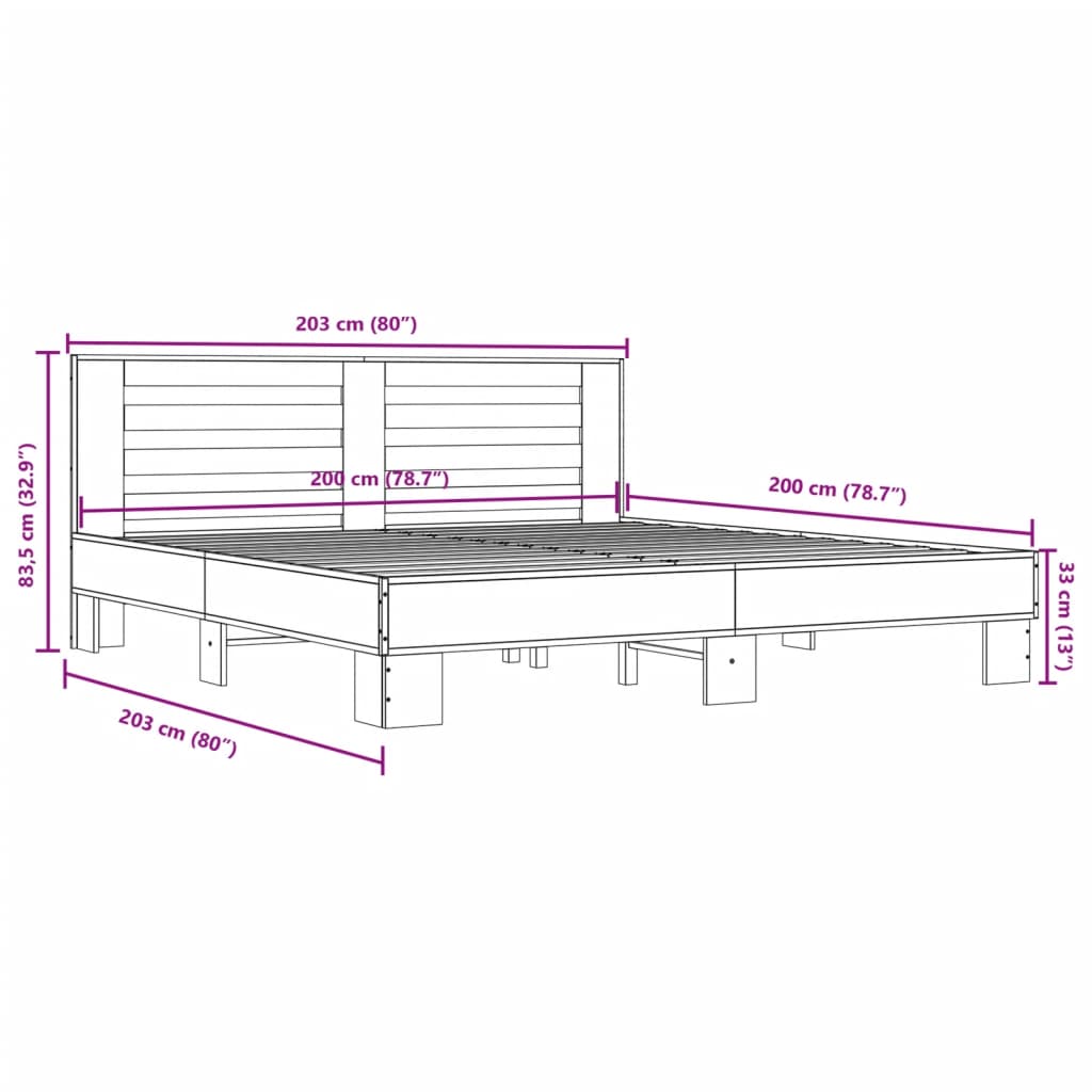 Bed Frame in Sonoma Oak Finish 200 x 200 cm Made of Wood Based Panel and Metal