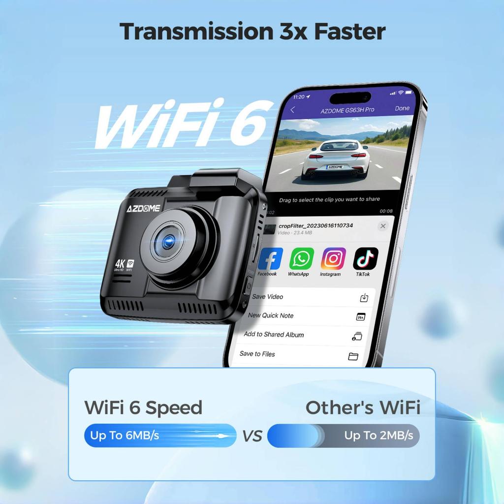 Автомобильный видеорегистратор 4K AZDOME GS63H Pro с 2 камерами переднего и заднего вида, видеорегистратор, 2,4-дюймовый экран с ночным видением, Wi-Fi, GPS-регистратор