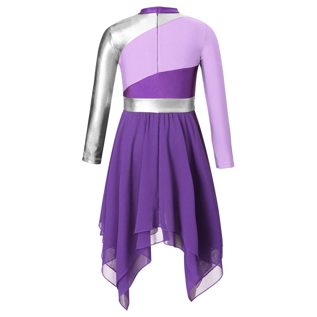 Платье для танца хвалы для девочек, с длинным рукавом, асимметричным шифоновым подолом, контрастным дизайном, костюм для лирического танца