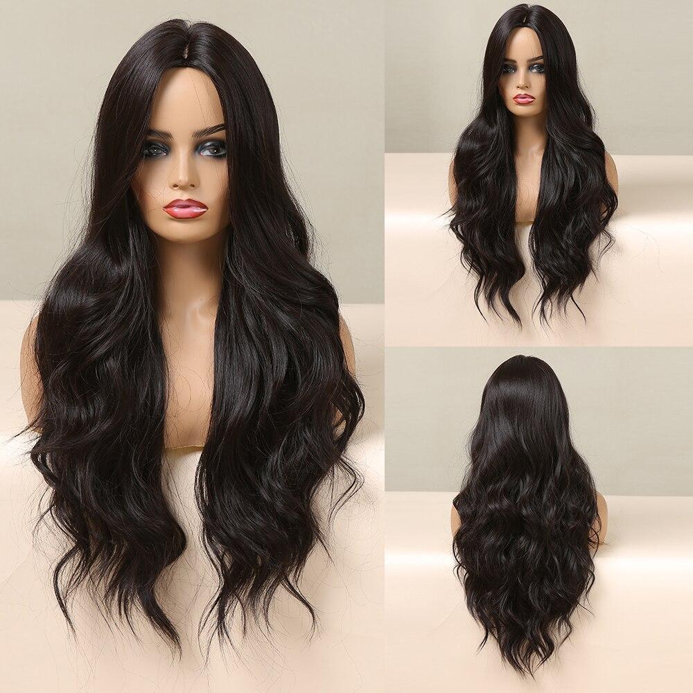 Long Black Synthetic Wigs Middle Part for Black Women Wavy Cosplay Hair Wigs Heat Resistant Fiber