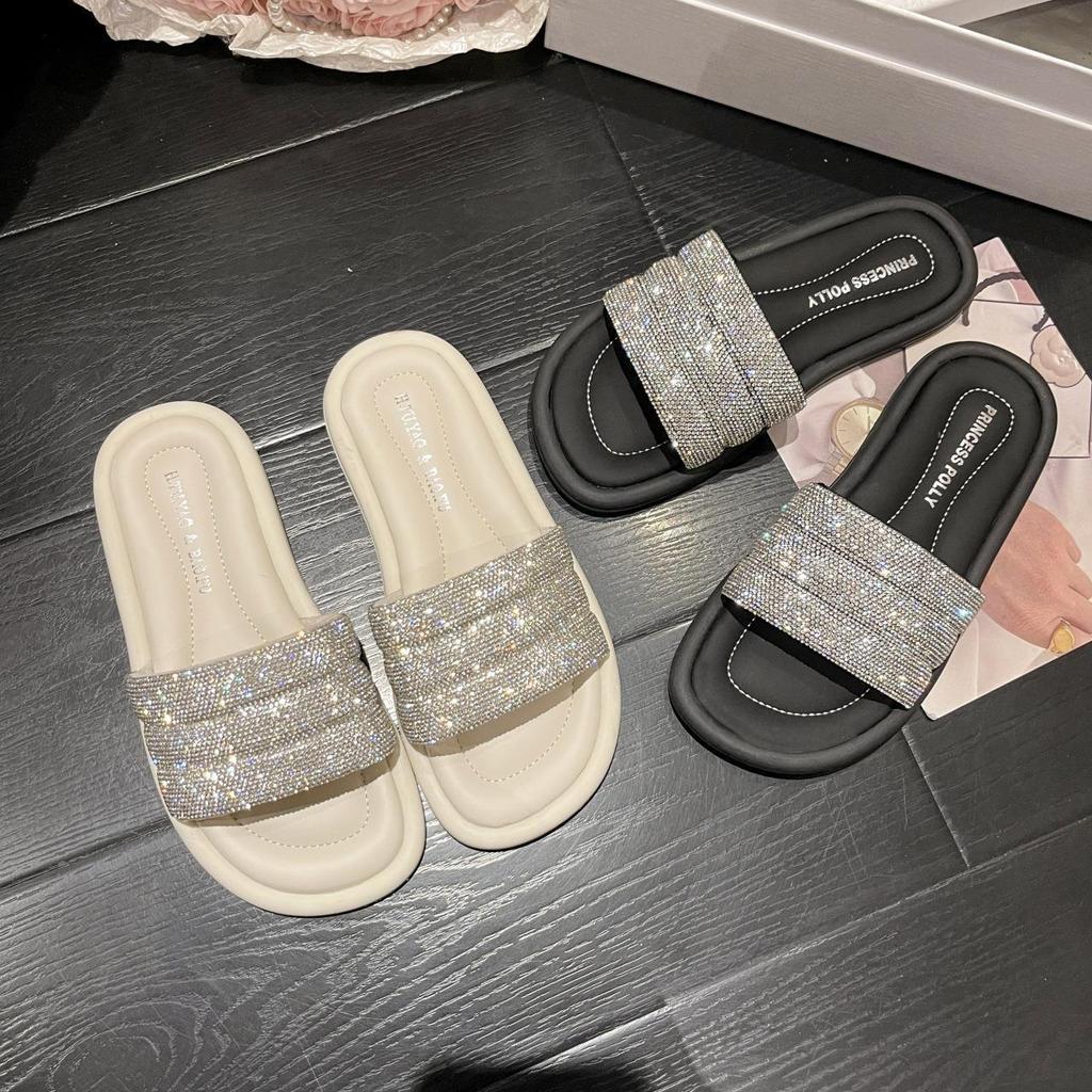 Slippers Female Summer Outer Wear 2025 New Fairy Style Fashion Rhinestone Flat Bottom One-word Drag Out Beach Cool Slippers