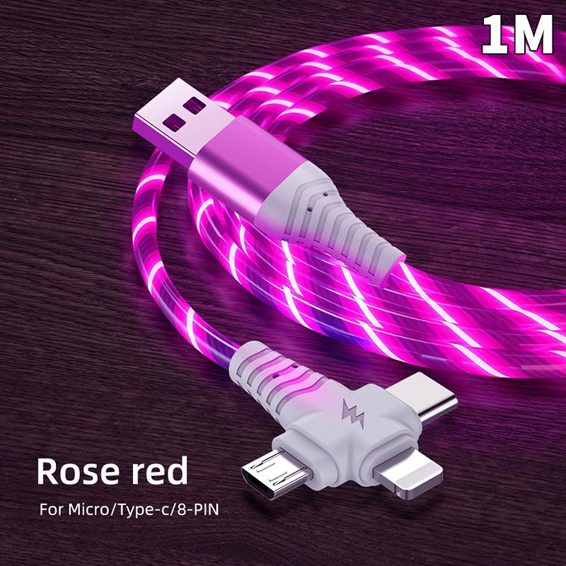 Светодиодный светящийся кабель для зарядки с эффектом потока 3 в 1, светящийся, для быстрой зарядки, Micro USB, Type-C, длина 1 метр, для фото, провод
