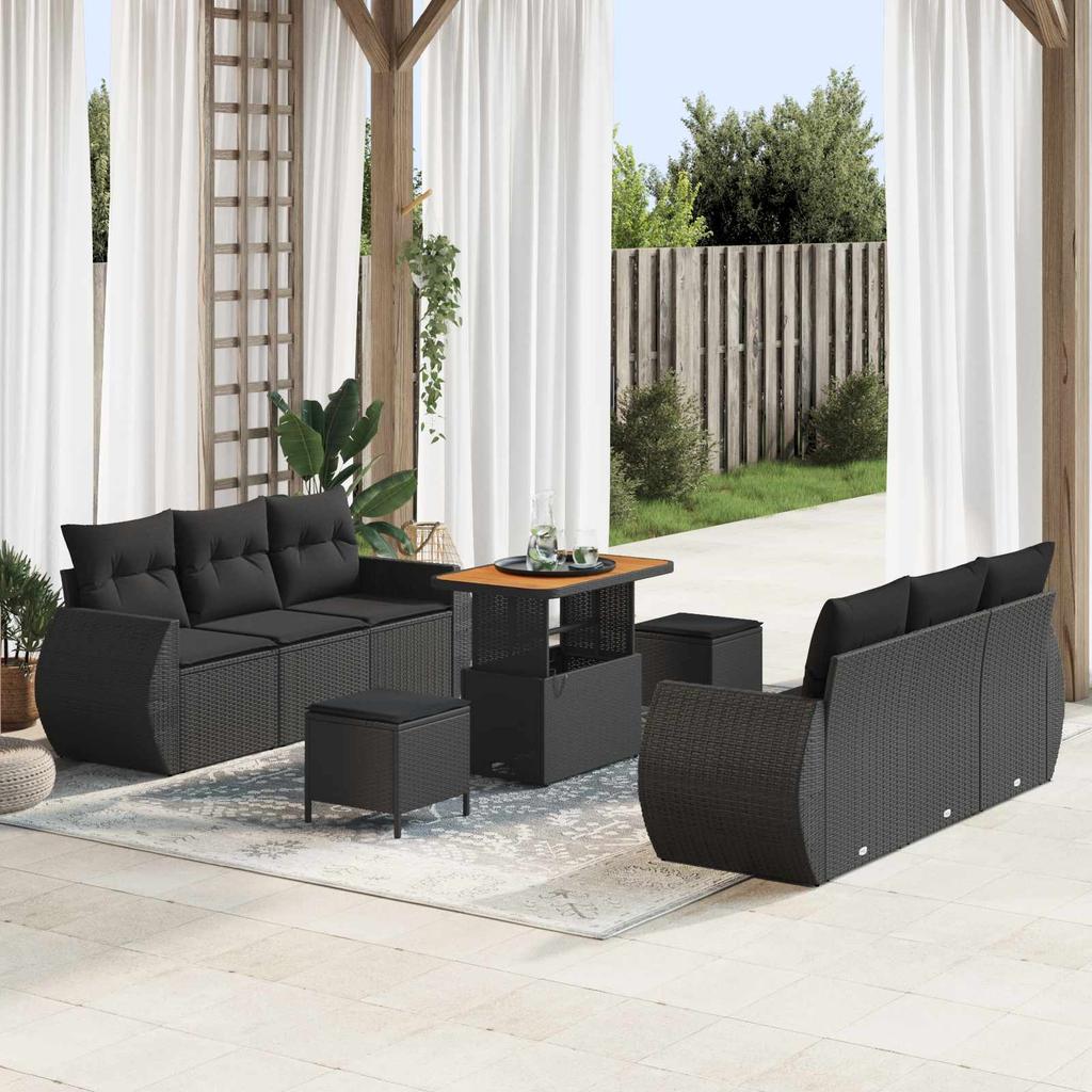 9 Piece Garden Sofa Set with Cushions Black Poly Rattan