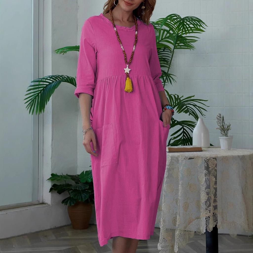 Women's Midi Dress Women's Solid Color Sleeve Round Neck Dress