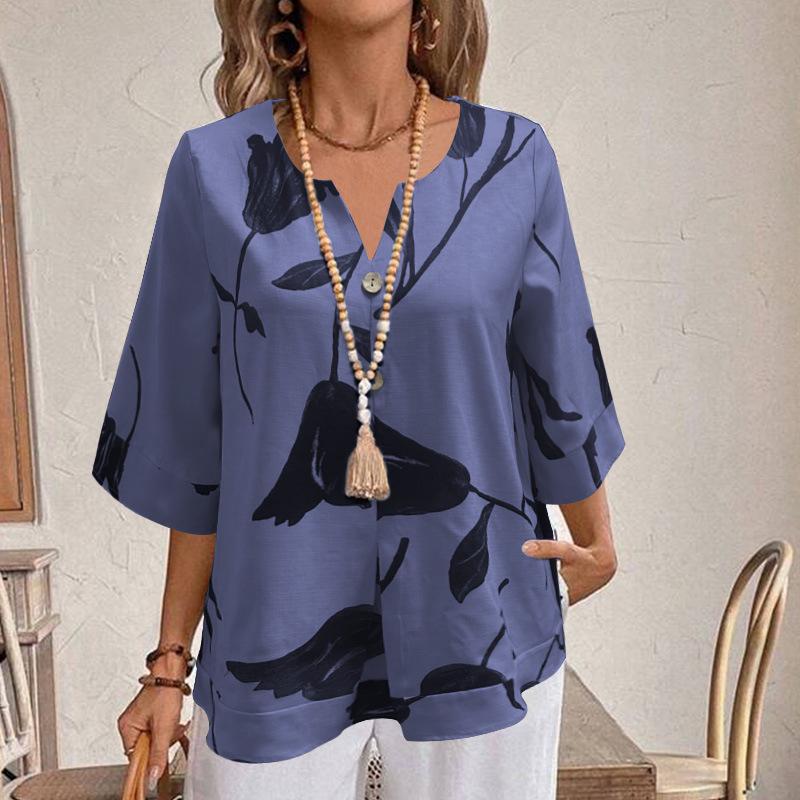European & American Women's Summer V-Neck Printed Pullover Shirt - Casual, Loose, Short-Sleeved Fashion