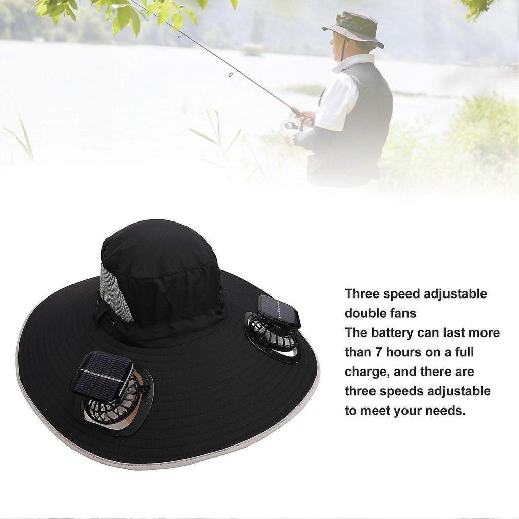 Sun Hat Wide Brim Breathable Sun Proof Fisherman Hat with 2 Solar Fans 3 Speed Adjustable Windproof Belt for Men Black