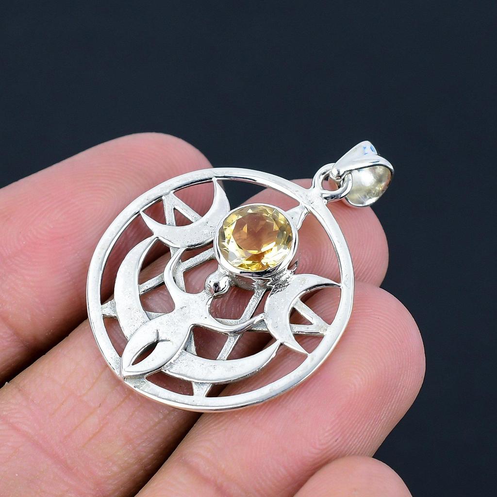 Подвеска из натурального цитрина, серебро 925 пробы, тройная богиня луны, кельтская пентаграмма, пентакль, подвеска ручной работы, подарок на День святого Валентина