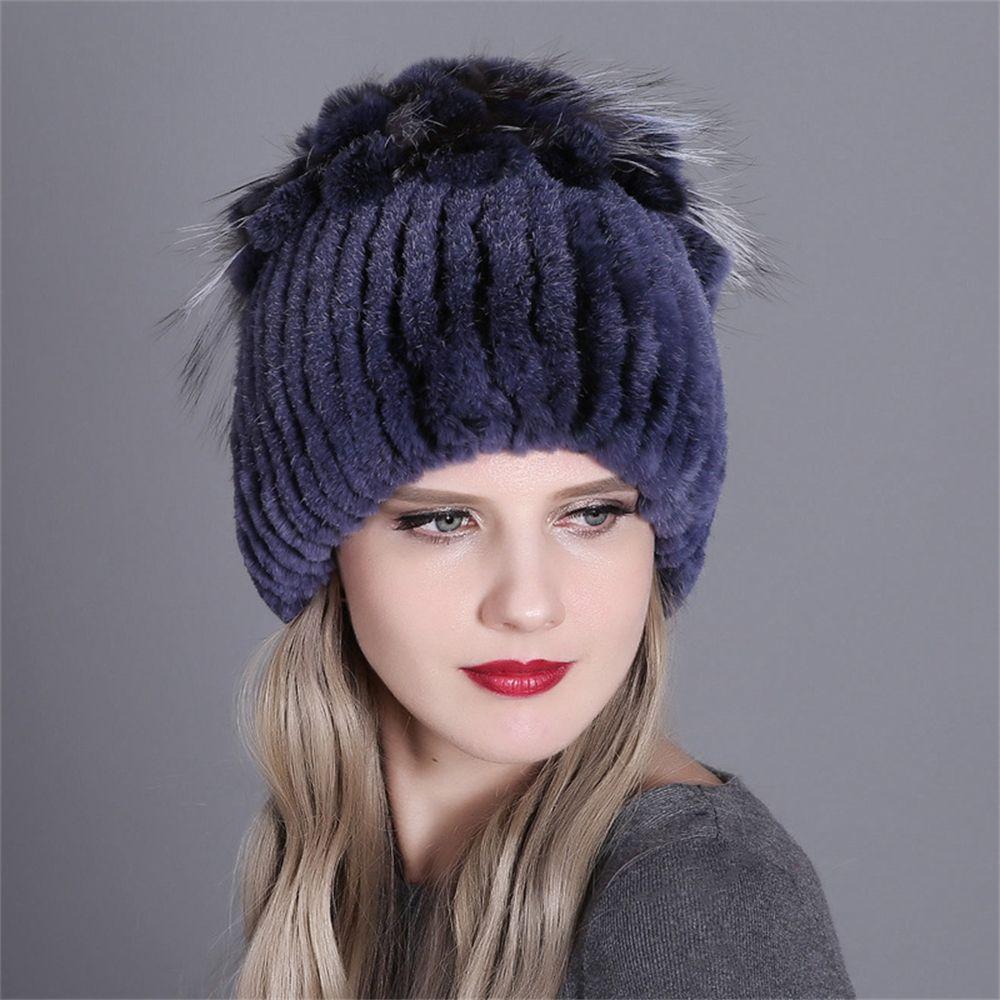 Real Fur Beanies Hat Russia Women Warm Real Rex Rabbit Fur Hats Rabbit Fur Cap Elastic Knitted