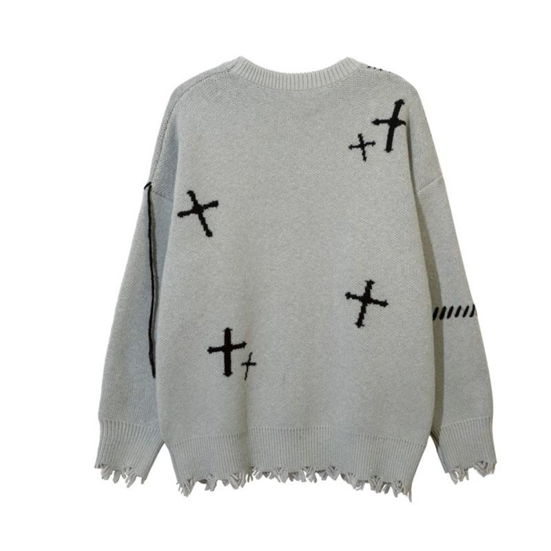 Dark Academia Knit Sweater With Cross Motif Distressed Fringe Loose Fit Warm Fleece-Like Acrylic Pullover Teens