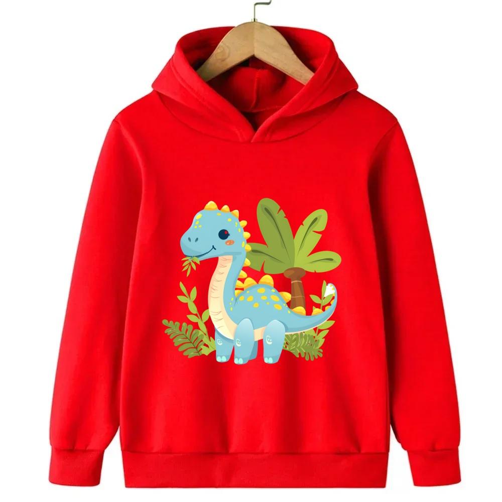 Red children's hooded sweatshirt cartoon dinosaur cute sweatshirt autumn and winter long sleeved boy and girl's favorite jacket