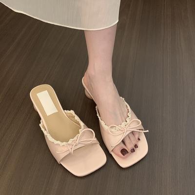 Туфли-шлепанцы на толстом каблуке, туфельки феи, носить с новой юбкой, кружевные сандалии с бантом