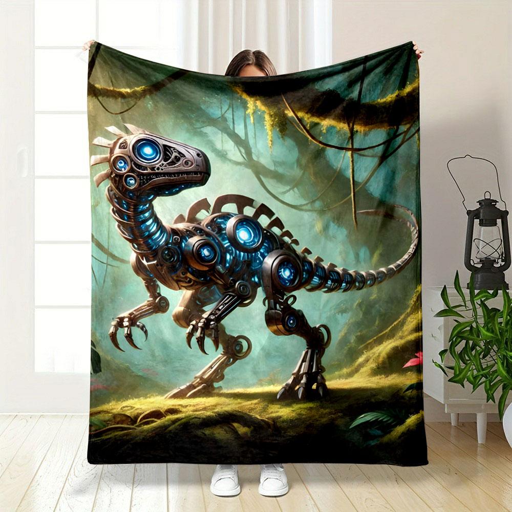 A robotic dinosaur with glowing blue lights in a lush jungle setting. for all seasons blanket lunch break throw gift