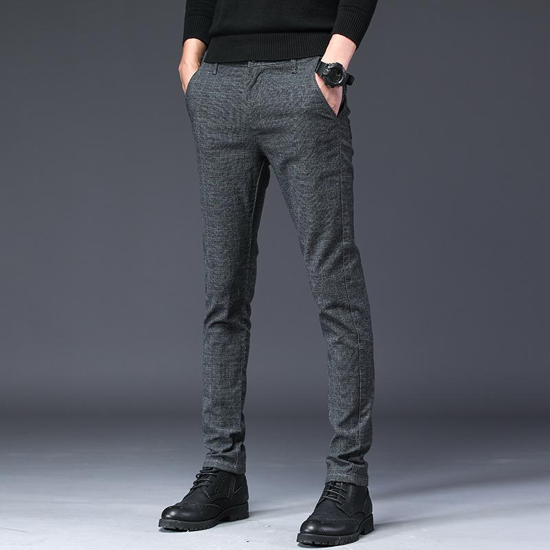 Men's Casual Dress Pants Plaid Mid-waist Office Trousers Solid Color All-match Business Pants
