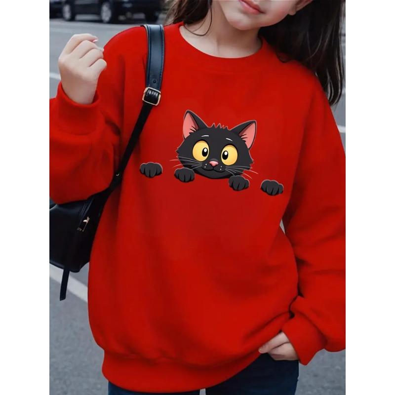 Black Cat Peeking Cute Cartoon Girls' Hoodie, Round Neck Hoodie, Autumn and Winter Western Style Top