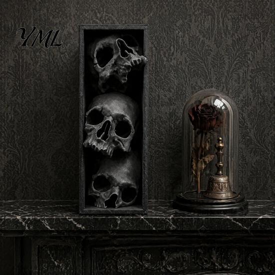 Dark Aesthetic Art Skulls Book Nook, Gothic Skull Bookshelf Insert, 3 Tier Stacked Sculpture Nook Decor with Black Frame, Academia Spooky for