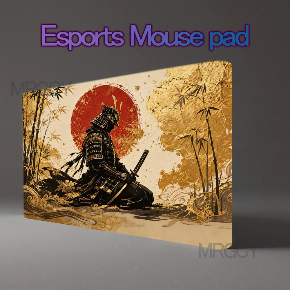Japanese Samurai Gold Foil Large Gaming Mouse Pad Bamboo Red Sun UkiyoE NonSlip Desk Mat For Esports Office Card Game Home