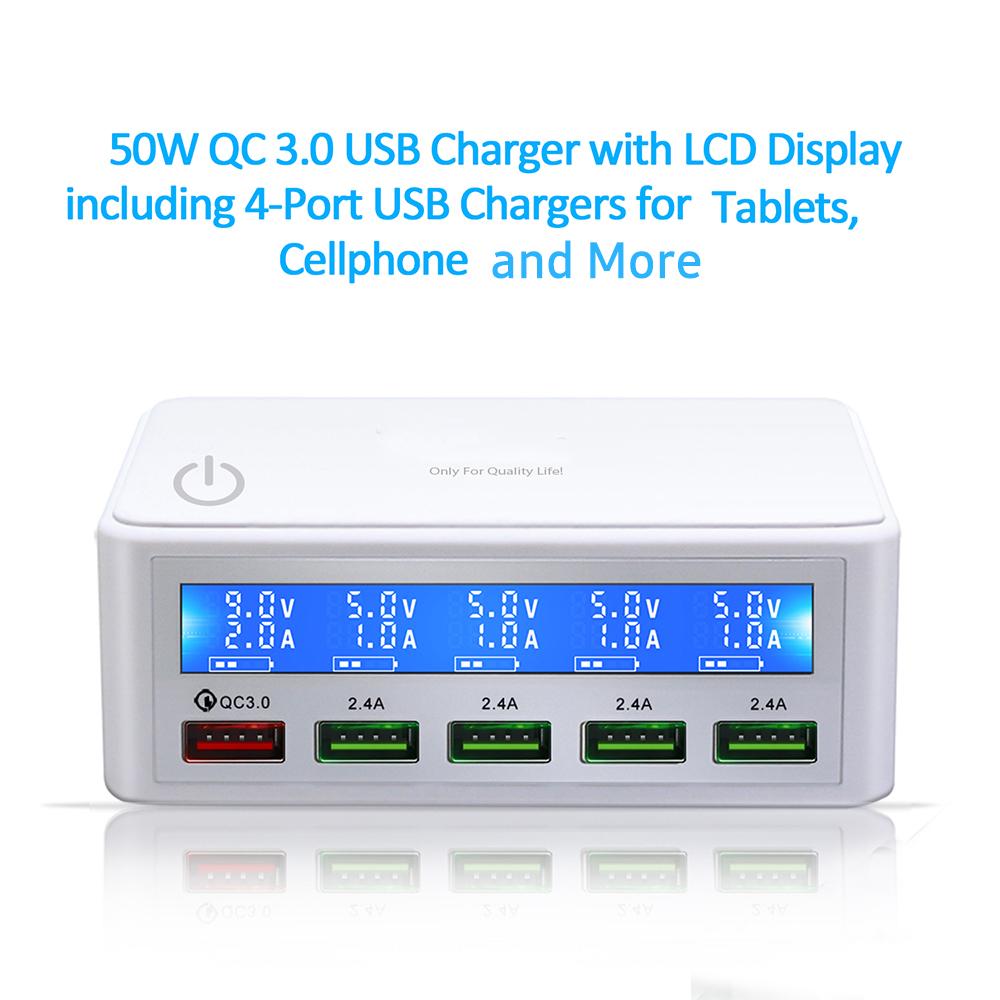 Зарядная станция USB мощностью 50 Вт. Многопортовое зарядное устройство USB-концентратора. Зарядное устройство USB QC 3.0 с ЖК-дисплеем. 5 портов USB.