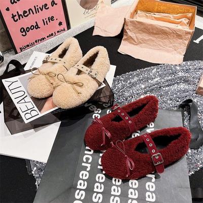 Мода 2024 года, новые женские туфли Мэри Джейн на плоской подошве с бантом, зимние пушистые плюшевые модные новые однотонные удобные теплые балетки с пряжкой