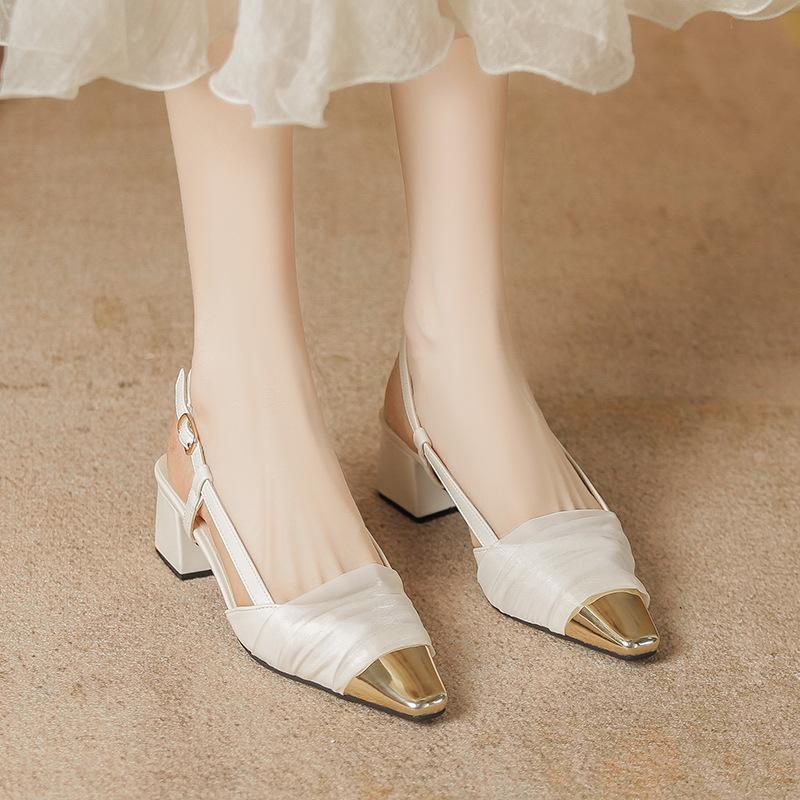 Baotou Sandals Women's Summer New Models with Skirts, Color Matching Mesh Rear Tripple Straps, Square Head Thick Heel Single Shoes