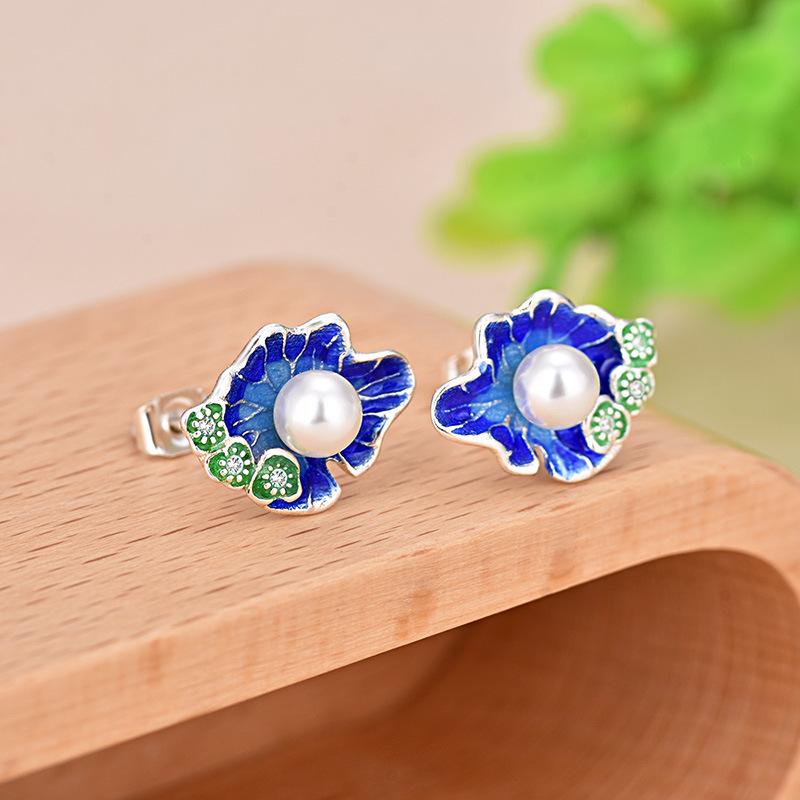 Buyee 925 Sterling Silver Ethnic Jewelry Sets 8mm Pearl & Blue Enamel Lotus Sweet Earring Ring for Woman Excellent Jewelry Sets